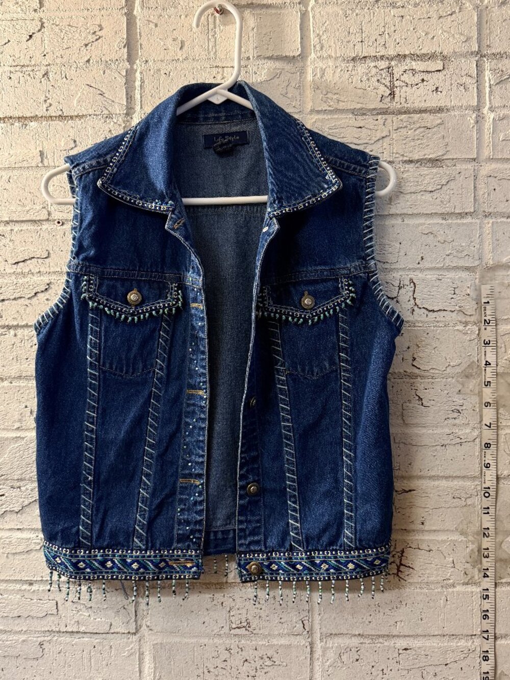 Life Style Womens M Denim Vest Beaded Embroidered Fringe Boho Western Jean